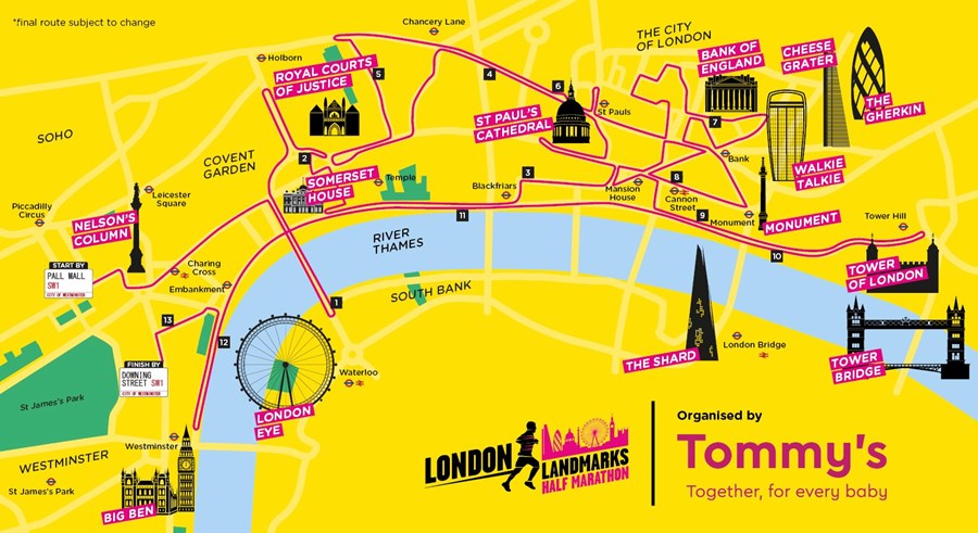 Route map of London Landmarks Half Marathon