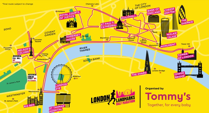 A map of the London Landmarks Half Marathon 2023.