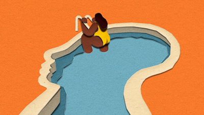 Illustration showing an adult getting out of a swimming pool. The pool is shaped like a person's head.