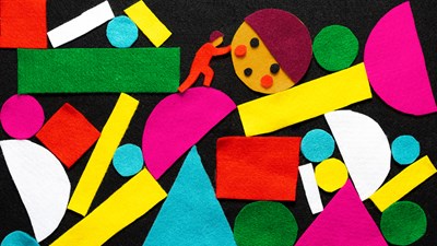 Abstract illustration showing fuzzy felt shapes. A tiny man is supporting a child's head.