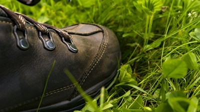 A leather walking boot on grass